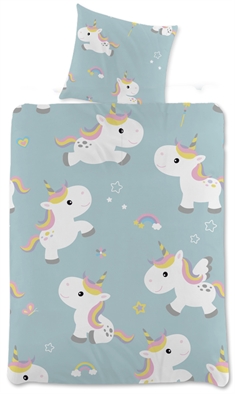Enhjørning sengetøj - 140x200 cm - Unicorn og regnbue børnesengetøj - 2 i 1 design - Sengesæt i 100% bomuld
